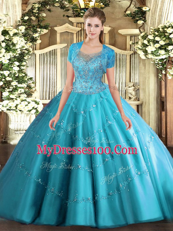 Glittering Floor Length Ball Gowns Sleeveless Aqua Blue Quince Ball Gowns Clasp Handle