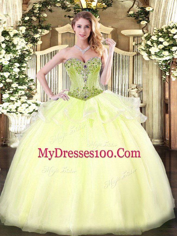 Light Yellow Lace Up Ball Gown Prom Dress Beading Sleeveless Floor Length