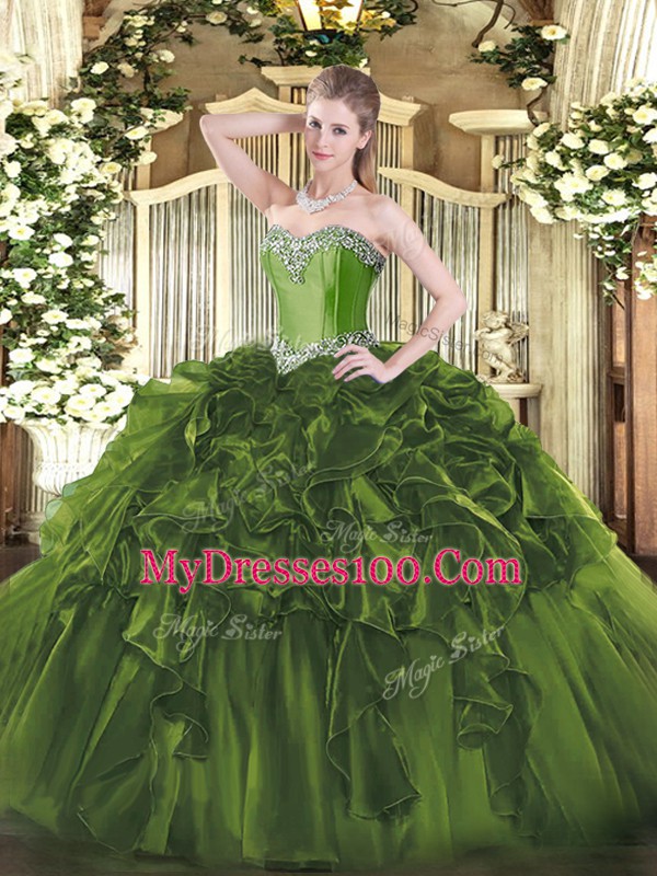 Olive Green Sleeveless Floor Length Beading and Ruffles Lace Up 15th Birthday Dress