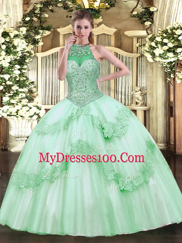 Apple Green Ball Gowns Beading and Appliques Quinceanera Dress Lace Up Tulle Sleeveless Floor Length