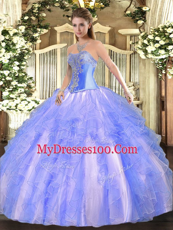Blue Sweetheart Lace Up Beading and Ruffles Ball Gown Prom Dress Sleeveless