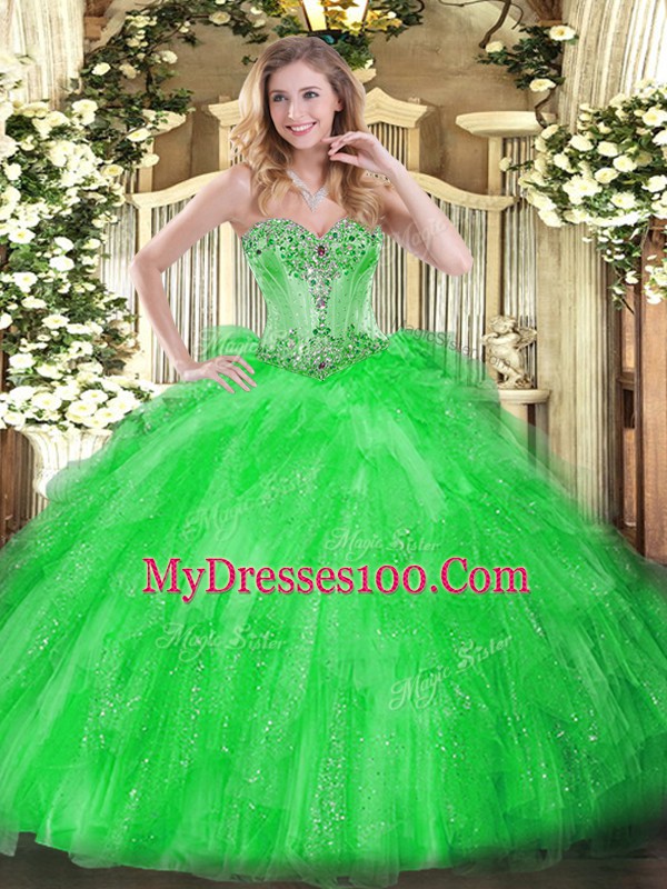On Sale Green Sweetheart Lace Up Beading and Ruffles Quince Ball Gowns Sleeveless