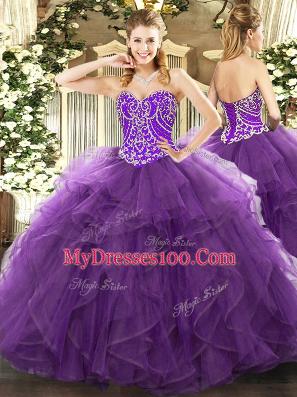 Discount Sweetheart Sleeveless Tulle Sweet 16 Dresses Beading and Ruffles Lace Up