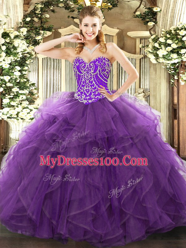 Discount Sweetheart Sleeveless Tulle Sweet 16 Dresses Beading and Ruffles Lace Up