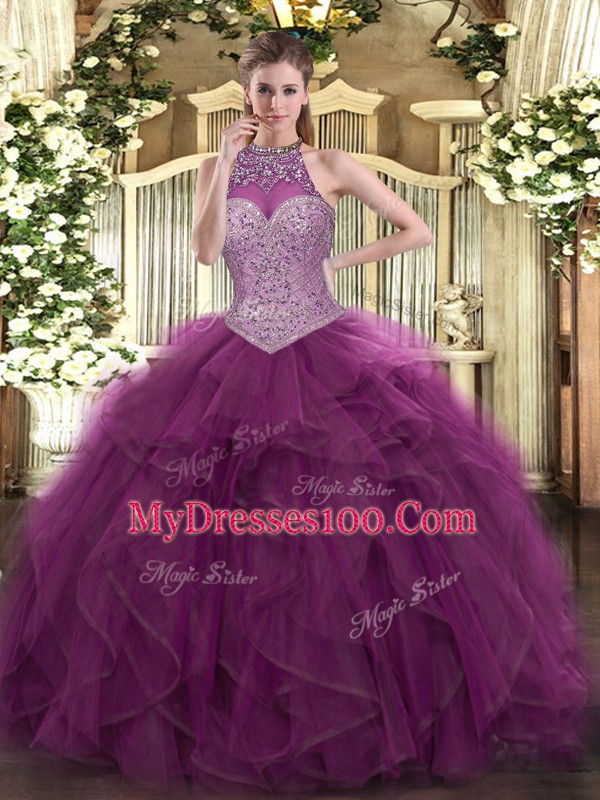 High Quality Burgundy Ball Gowns Beading 15 Quinceanera Dress Lace Up Tulle Sleeveless Floor Length