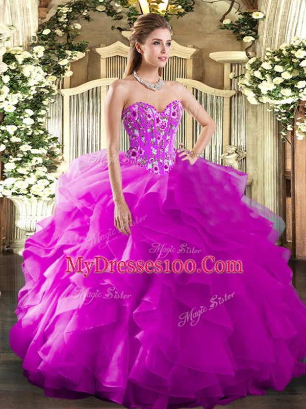 Edgy Fuchsia Sweetheart Lace Up Embroidery and Ruffles Vestidos de Quinceanera Sleeveless