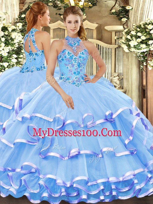Baby Blue Lace Up Halter Top Beading and Embroidery Quinceanera Dress Organza Sleeveless