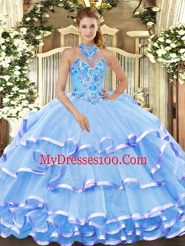 Baby Blue Lace Up Halter Top Beading and Embroidery Quinceanera Dress Organza Sleeveless