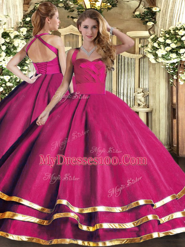 Artistic Sleeveless Floor Length Ruffled Layers Lace Up Sweet 16 Quinceanera Dress with Hot Pink