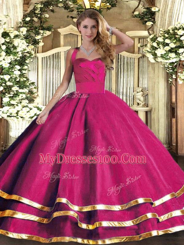 Artistic Sleeveless Floor Length Ruffled Layers Lace Up Sweet 16 Quinceanera Dress with Hot Pink