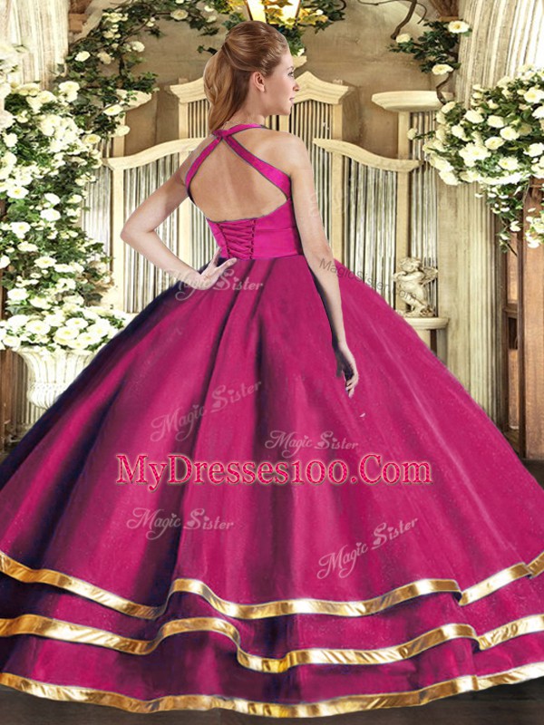 Artistic Sleeveless Floor Length Ruffled Layers Lace Up Sweet 16 Quinceanera Dress with Hot Pink