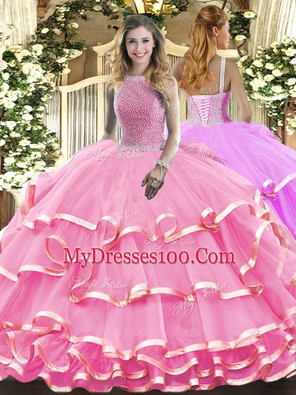 Rose Pink Sleeveless Beading and Ruffled Layers Floor Length Quinceanera Gowns