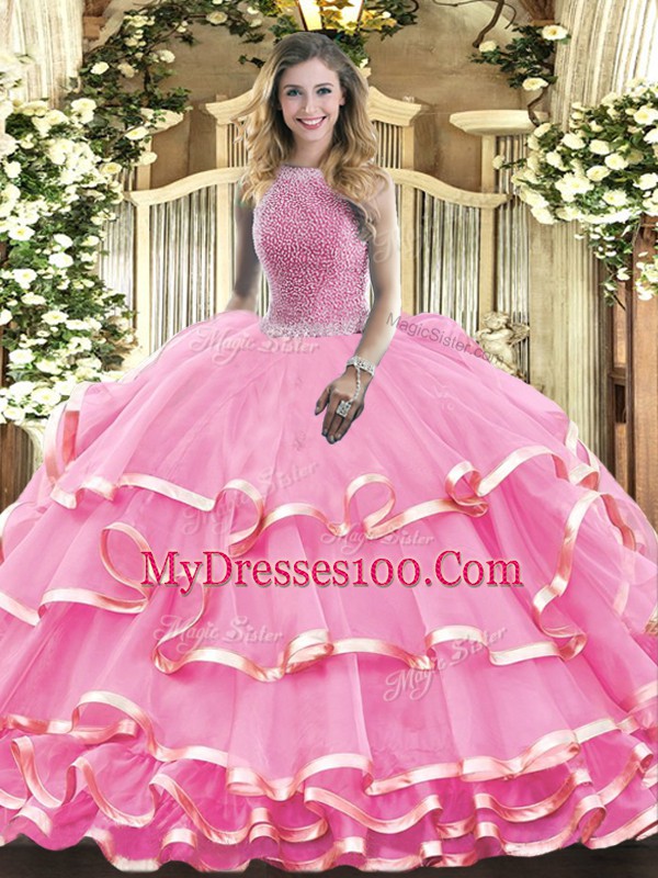 Rose Pink Sleeveless Beading and Ruffled Layers Floor Length Quinceanera Gowns