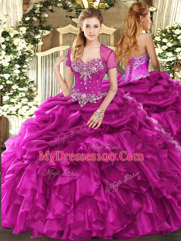 Sleeveless Organza Floor Length Lace Up Quince Ball Gowns in Fuchsia with Beading and Ruffles and Pick Ups