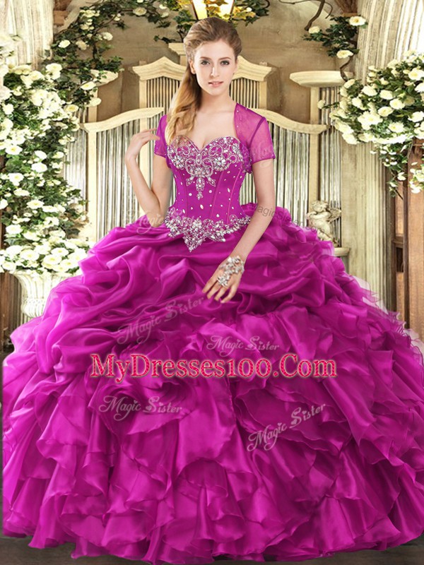 Sleeveless Organza Floor Length Lace Up Quince Ball Gowns in Fuchsia with Beading and Ruffles and Pick Ups