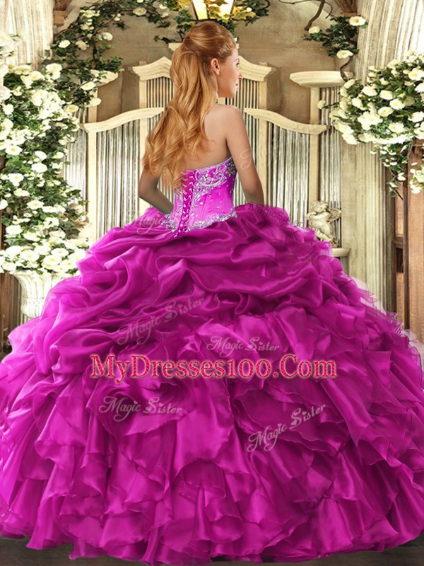 Sleeveless Organza Floor Length Lace Up Quince Ball Gowns in Fuchsia with Beading and Ruffles and Pick Ups