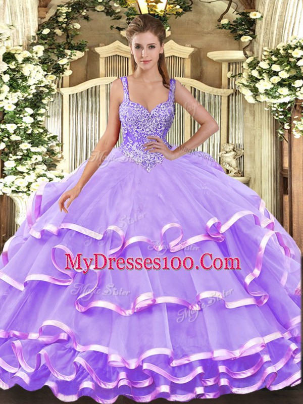 Inexpensive Sleeveless Lace Up Floor Length Beading and Ruffled Layers Sweet 16 Dresses