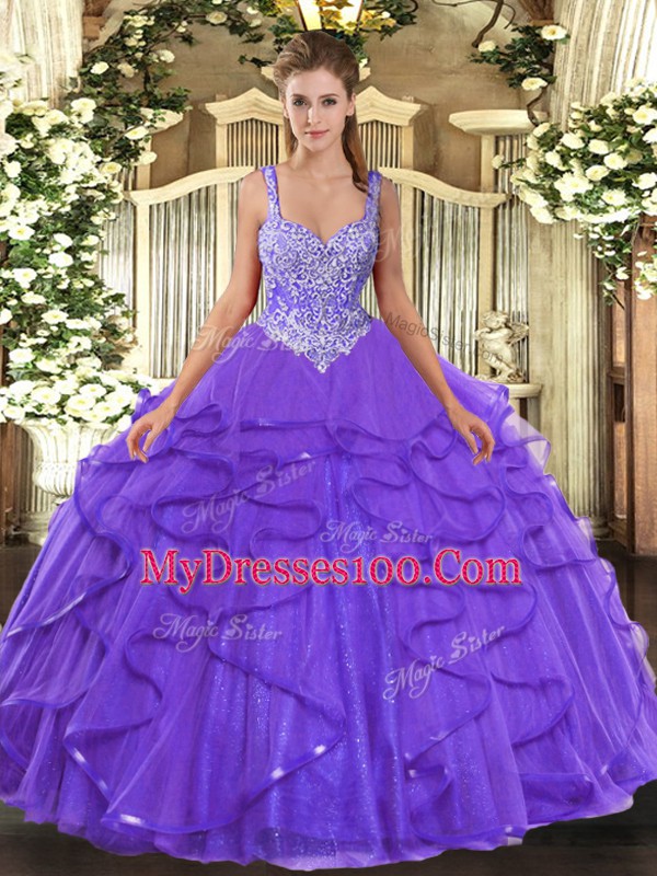Fancy Lavender Straps Neckline Beading and Ruffles 15 Quinceanera Dress Sleeveless Lace Up