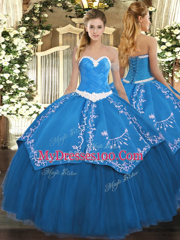 Glorious Floor Length Ball Gowns Sleeveless Blue Ball Gown Prom Dress Lace Up