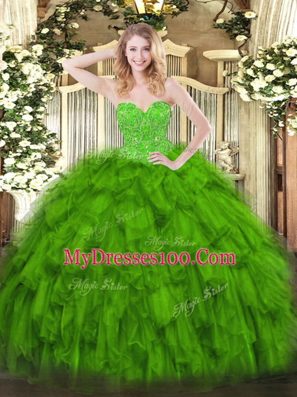 Nice Green Sleeveless Organza Lace Up Quinceanera Dress for Military Ball and Sweet 16 and Quinceanera