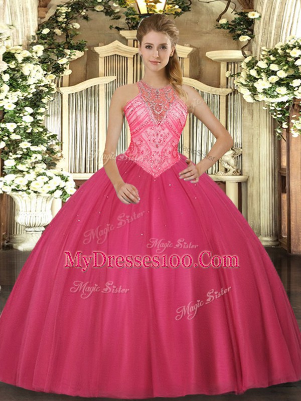 Elegant High-neck Sleeveless Tulle Vestidos de Quinceanera Beading Lace Up