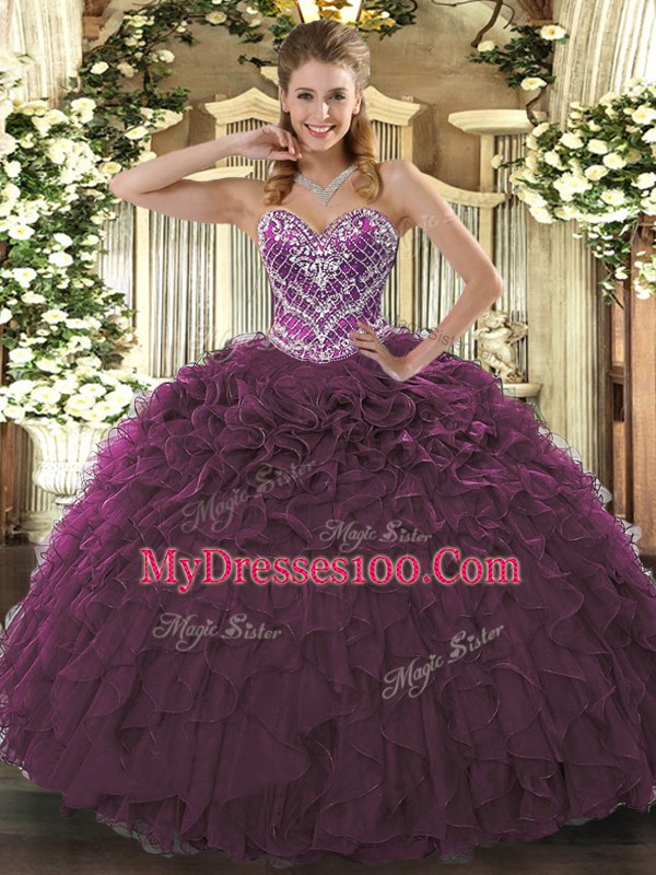 Custom Designed Burgundy Tulle Lace Up 15 Quinceanera Dress Sleeveless Floor Length Beading and Ruffled Layers