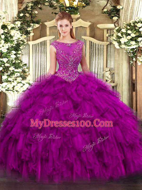 Inexpensive Fuchsia Sleeveless Organza Zipper Quinceanera Gown for Military Ball and Sweet 16 and Quinceanera