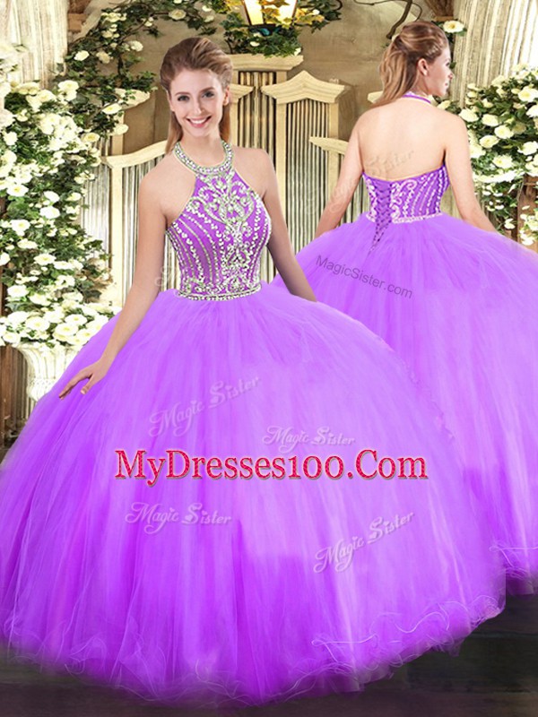 Fashionable Halter Top Sleeveless Lace Up 15th Birthday Dress Lilac Tulle