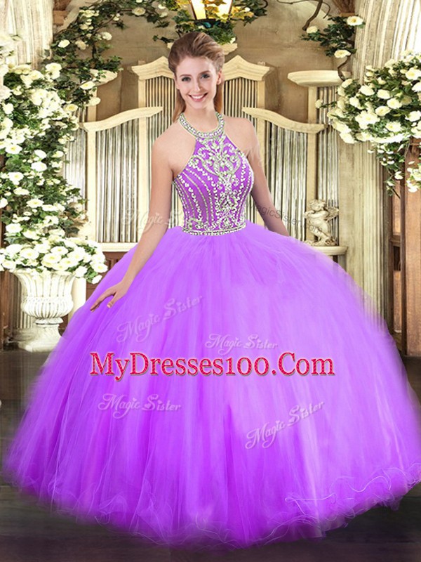 Fashionable Halter Top Sleeveless Lace Up 15th Birthday Dress Lilac Tulle