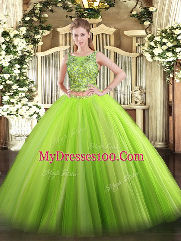 Discount Floor Length Two Pieces Sleeveless Green Quinceanera Dress Lace Up
