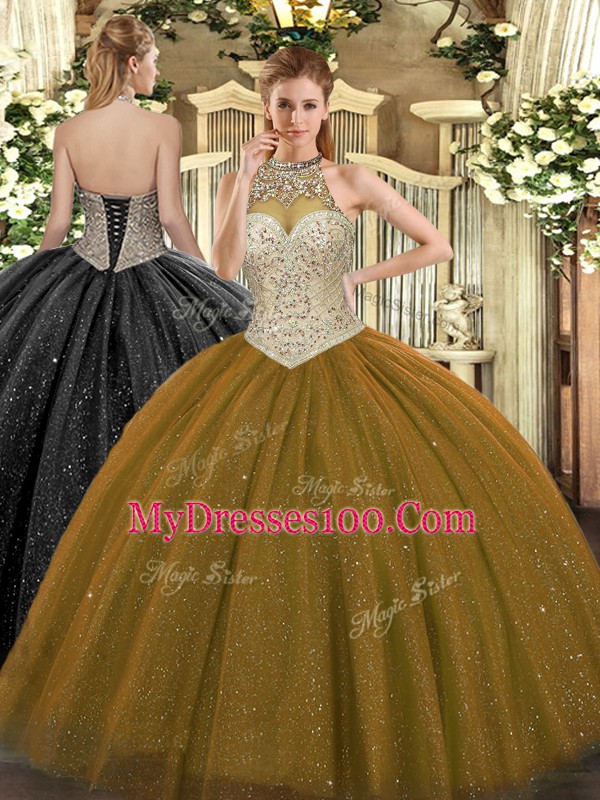 Ball Gowns Quince Ball Gowns Brown Halter Top Tulle Sleeveless Floor Length Lace Up