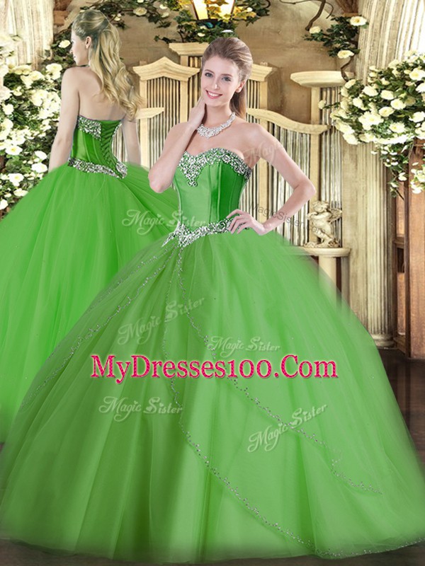 Green Sweetheart Neckline Beading Quince Ball Gowns Sleeveless Lace Up