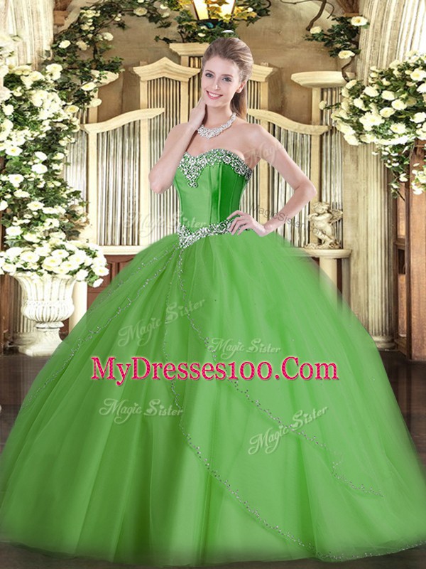 Green Sweetheart Neckline Beading Quince Ball Gowns Sleeveless Lace Up