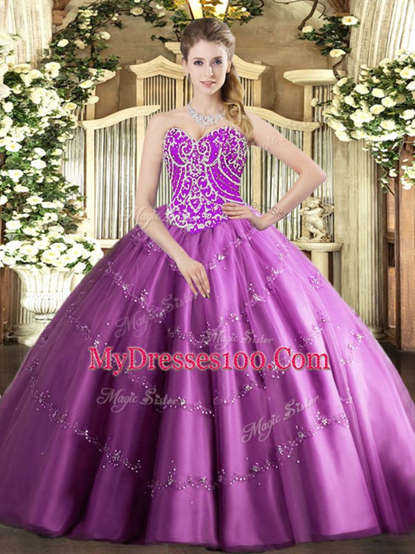 Sleeveless Tulle Floor Length Lace Up Sweet 16 Dresses in Lilac with Beading and Appliques