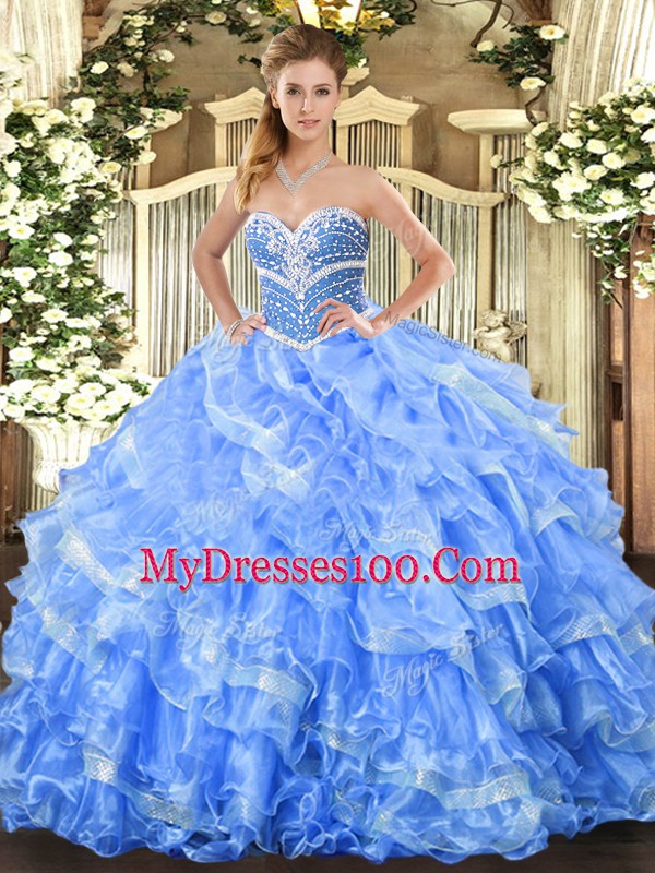 On Sale Baby Blue Organza Lace Up Sweet 16 Dress Sleeveless Floor Length Beading and Ruffled Layers