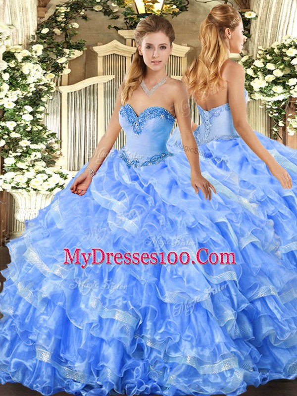 Baby Blue Sleeveless Organza Lace Up Quince Ball Gowns for Military Ball and Sweet 16 and Quinceanera