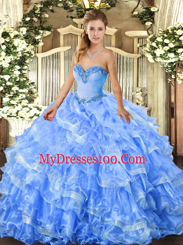 Baby Blue Sleeveless Organza Lace Up Quince Ball Gowns for Military Ball and Sweet 16 and Quinceanera