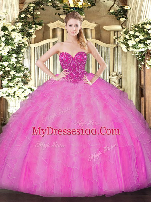 New Style Fuchsia Ball Gowns Sweetheart Sleeveless Organza Floor Length Lace Up Beading and Ruffles Vestidos de Quinceanera