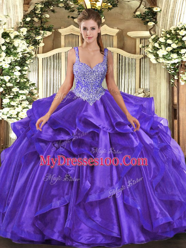 Glamorous Purple Straps Neckline Beading and Ruffles Vestidos de Quinceanera Sleeveless Lace Up
