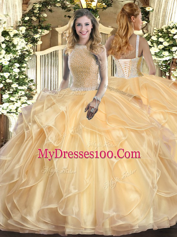 Champagne Organza Lace Up 15th Birthday Dress Sleeveless Floor Length Beading and Ruffles