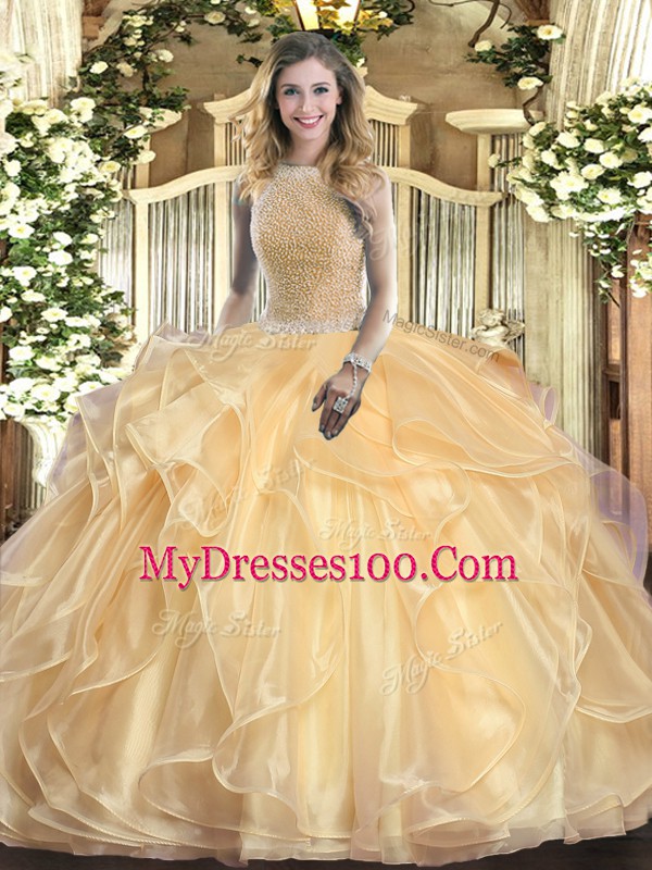 Champagne Organza Lace Up 15th Birthday Dress Sleeveless Floor Length Beading and Ruffles