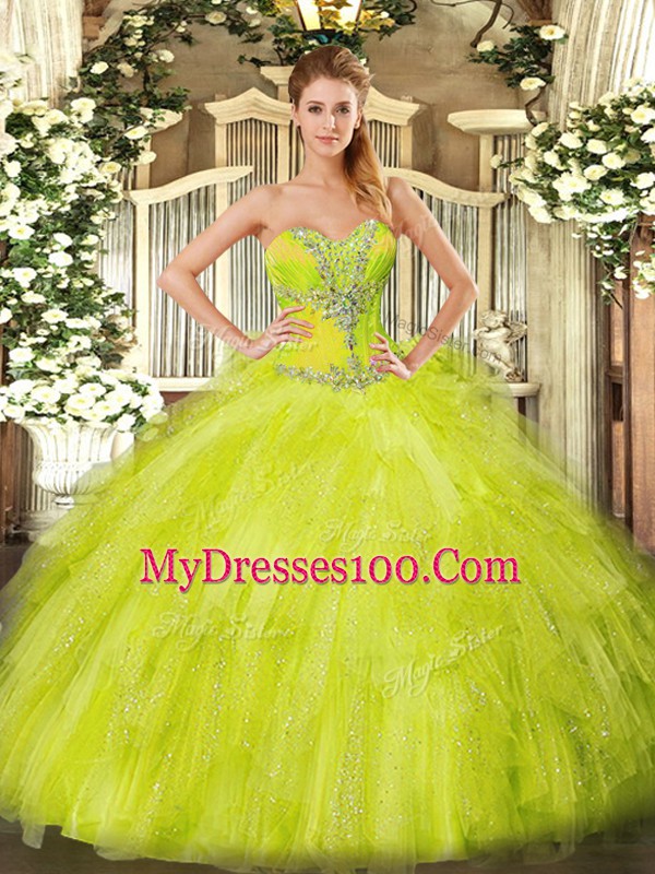 Yellow Green Sleeveless Beading and Ruffles Floor Length 15 Quinceanera Dress