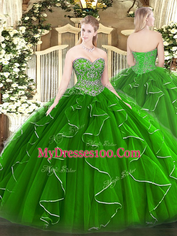 Ball Gowns Sweet 16 Quinceanera Dress Green Sweetheart Tulle Sleeveless Floor Length Lace Up