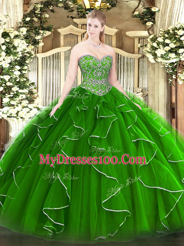 Ball Gowns Sweet 16 Quinceanera Dress Green Sweetheart Tulle Sleeveless Floor Length Lace Up
