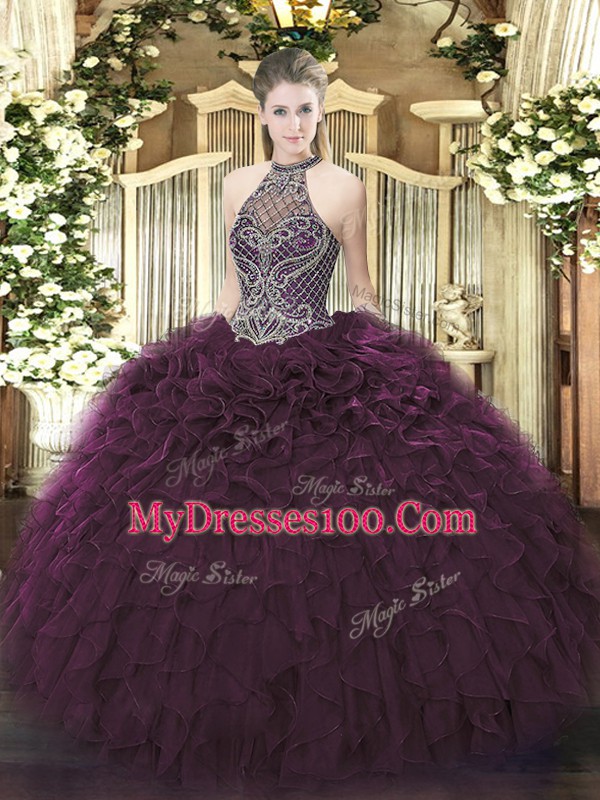 Dazzling Dark Purple Halter Top Neckline Beading and Ruffles Ball Gown Prom Dress Sleeveless Lace Up