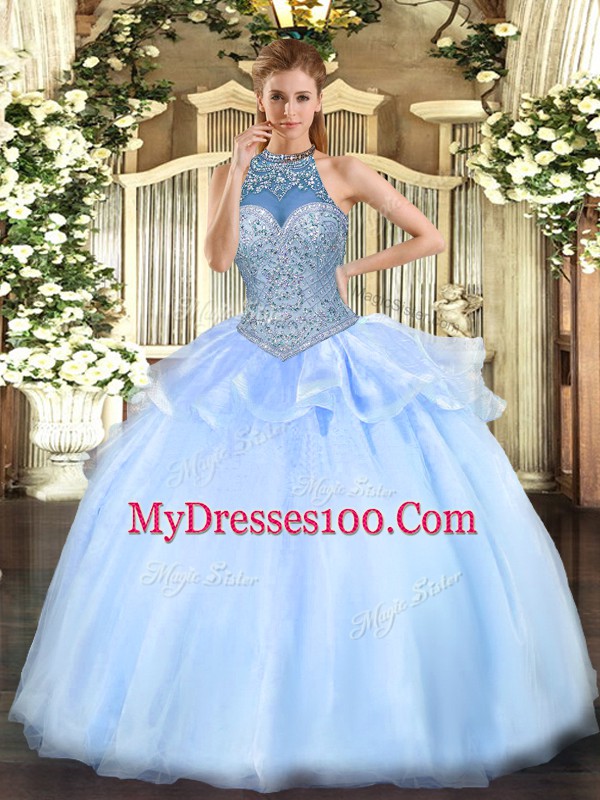 Blue Ball Gowns Beading 15th Birthday Dress Lace Up Tulle Sleeveless Floor Length
