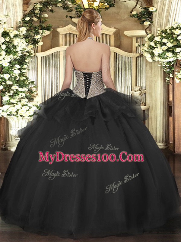 Blue Ball Gowns Beading 15th Birthday Dress Lace Up Tulle Sleeveless Floor Length