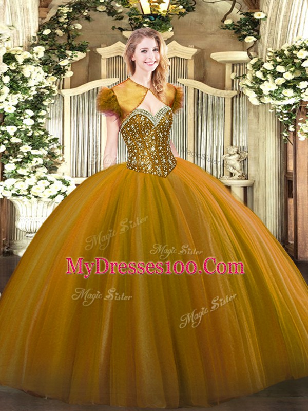 Captivating Brown Sleeveless Beading Floor Length 15th Birthday Dress