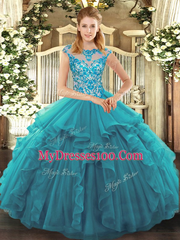 Simple Teal Organza Lace Up Scoop Cap Sleeves Quinceanera Dress Ruffles