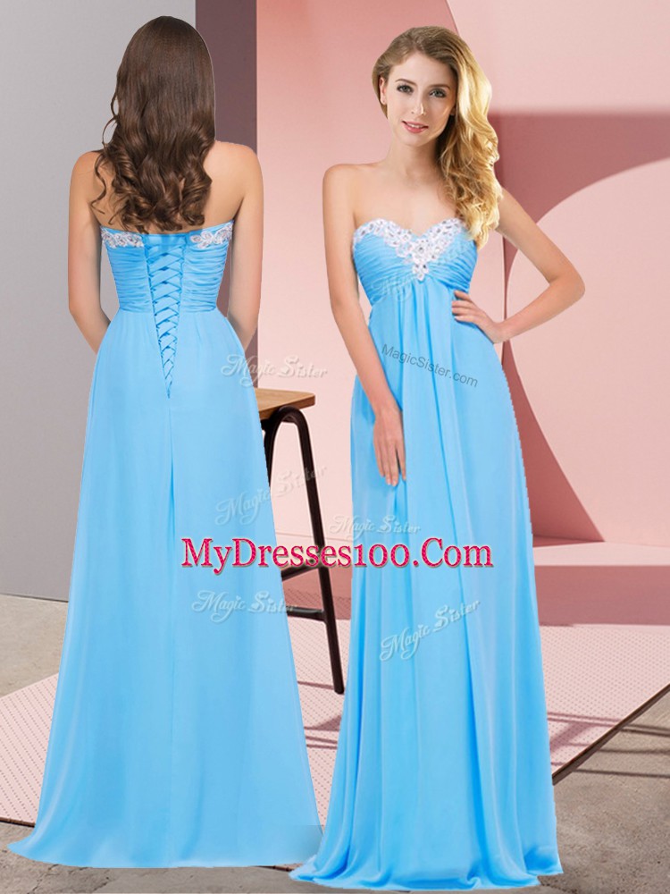 Sleeveless Floor Length Ruching Lace Up Prom Dress with Aqua Blue